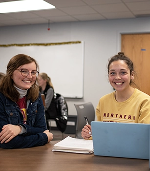 Two students working together with a laptop